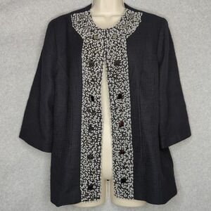 Maggie Sweet Beaded‎ Embellished Black Textured Open Front Jacket Size L